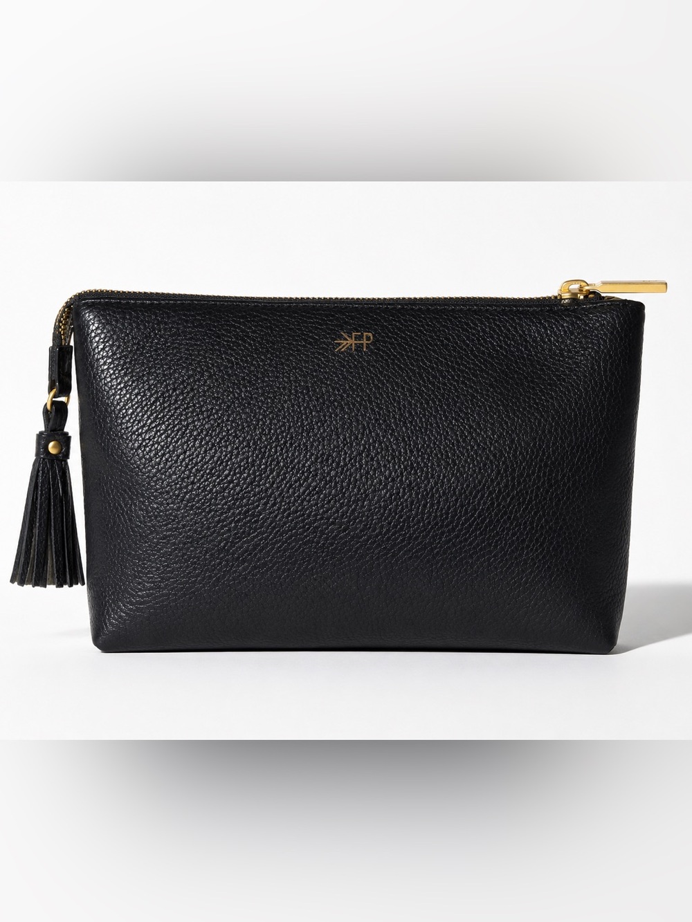 Freshly Picked Black Pebbled Vegan Leather Zip Pouch Clutch Tassel Gold Logo